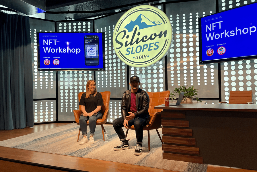 two panelists at Silicon Slopes Utah HQ presenting an NFT workshop